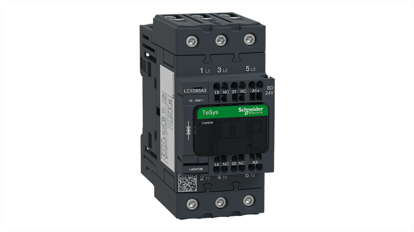 Contattore Schneider Electric LC1D65A3BD, 3 poli, 3 NO, 65 A, dimensioni 122x55x120 mm, per avviamento motori e segnalazione.