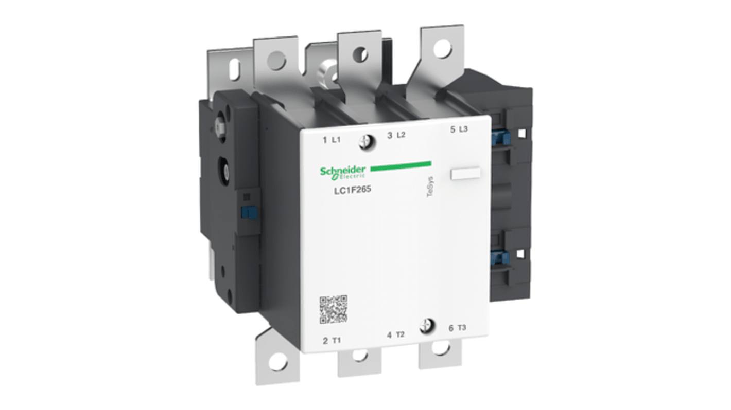 Contattore Schneider Electric LC1F265FD, 3 poli, 3 NO, corrente 350 A, bobina 110 V c.c., dimensioni 201.5 x 203 x 213 mm.