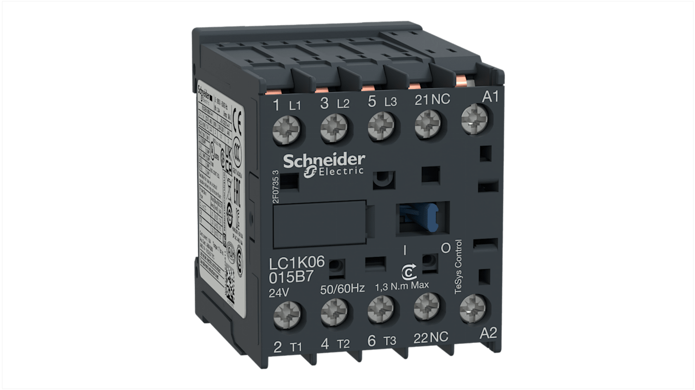 Contattore Schneider Electric LC1K06015F7, 3 poli 3NO, 6 A, 110 V c.a., dimensioni 58x45x57 mm, montaggio a pin.