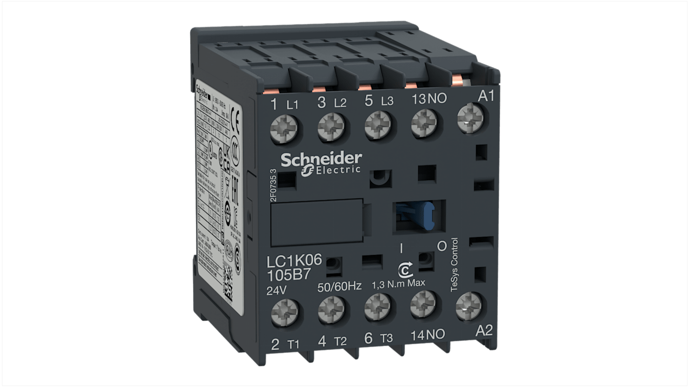 Contattore Schneider Electric LC1K06105F7, 3 poli, 3 contatti NO, corrente 6 A, tensione bobina 110 V c.a., dimensioni 58x45x57 mm.