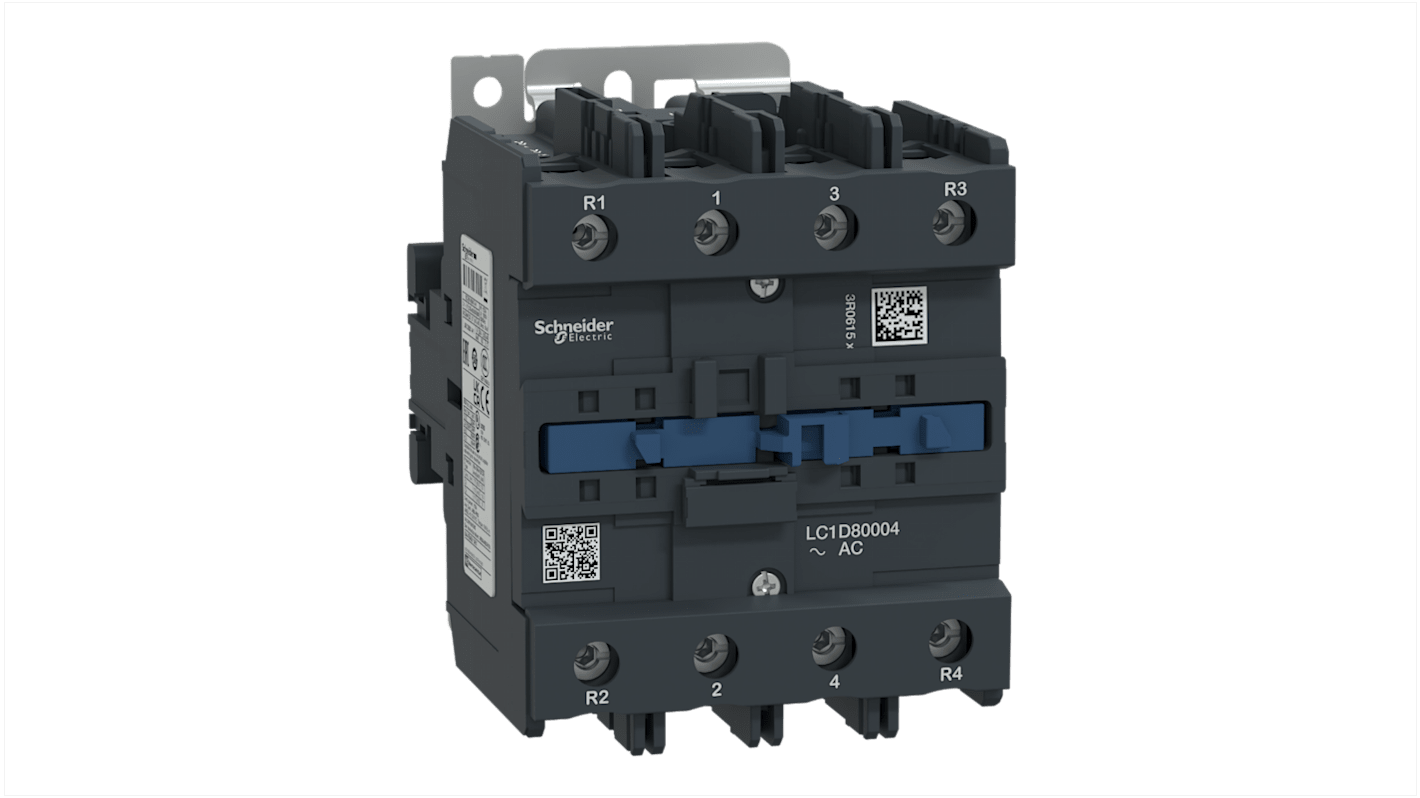 Contattore Schneider Electric LC1D80004FE7, 4 poli, bobina 115 V c.a., dimensioni 96x127x125 mm, progettato per configurazione rapida.