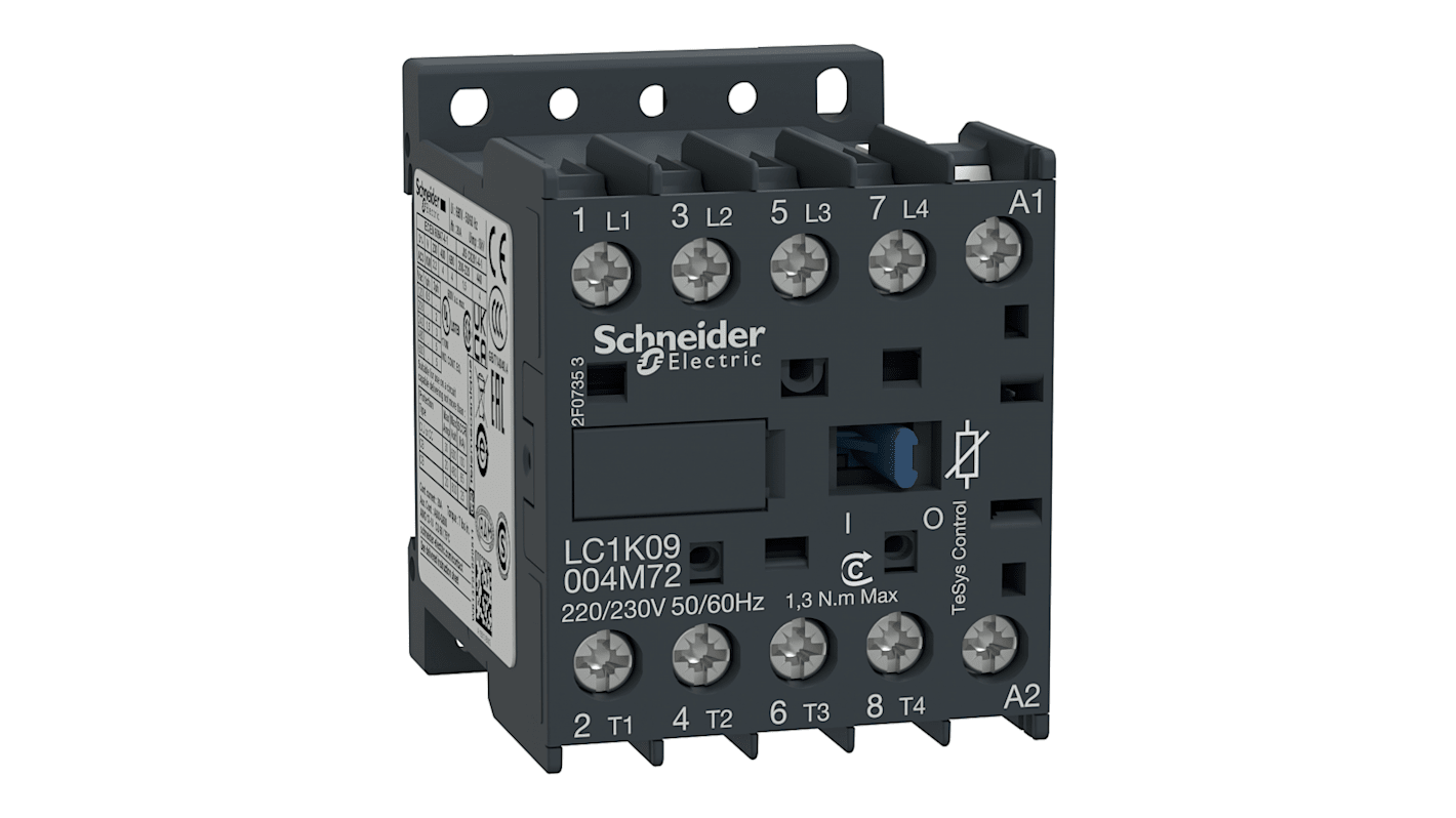 Contattore Schneider Electric LC1K09004B72, 4 poli, 20 A, 24 V c.a., montaggio su guida, dimensioni 45x58x57 mm.