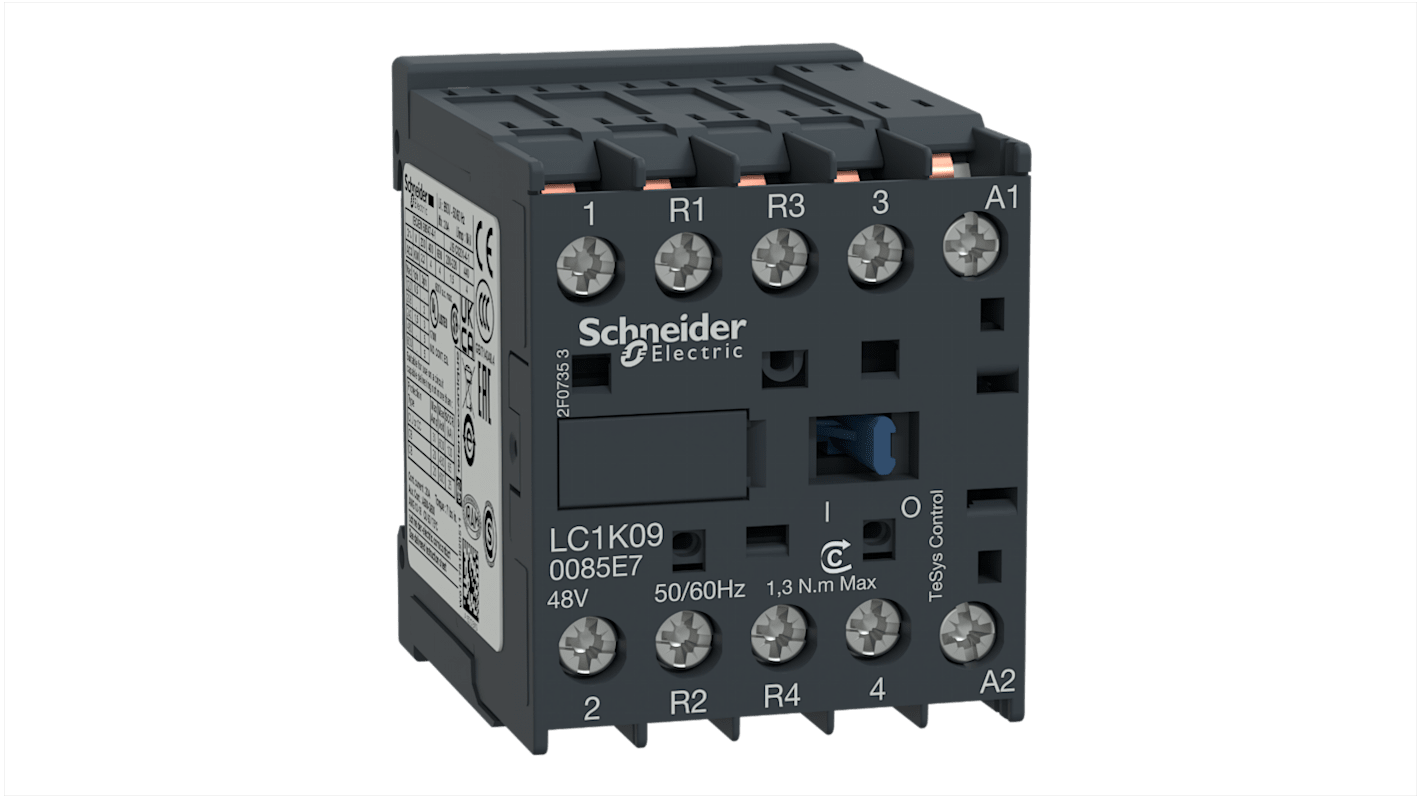 Contattore Schneider Electric LC1K090085P7, 4 poli, 20 A, 230 V c.a., dimensioni 45x58x57 mm, per applicazioni industriali.