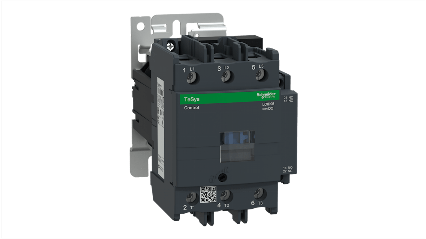 Contattore Schneider Electric LC1D95BW, 3 poli, 95 A, dimensioni 85x127x186 mm, per avviamento motore e sistemi di controllo.