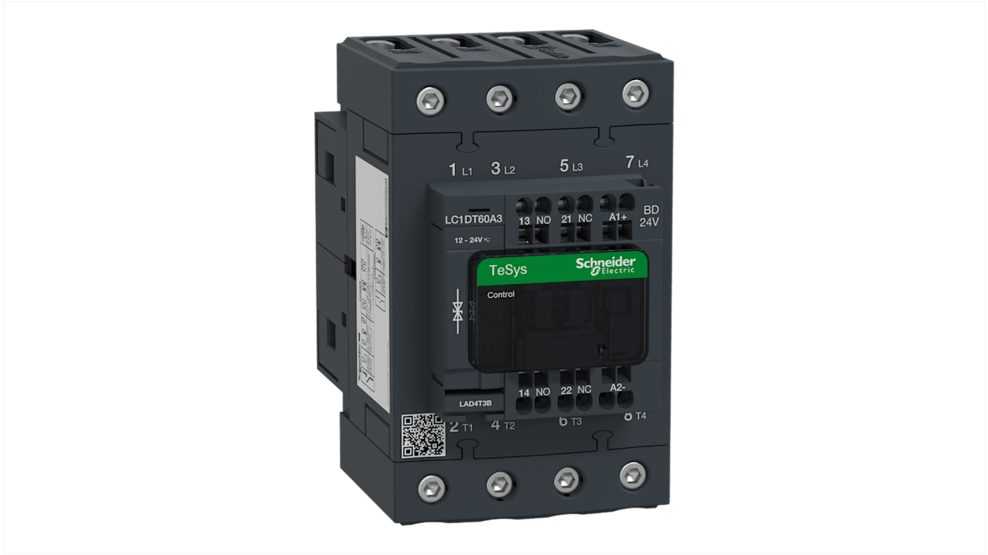 Contattore Schneider Electric LC1DT60A3BD, 4 poli, 60 A, dimensioni 122x70x120 mm, progettato per applicazioni di controllo.