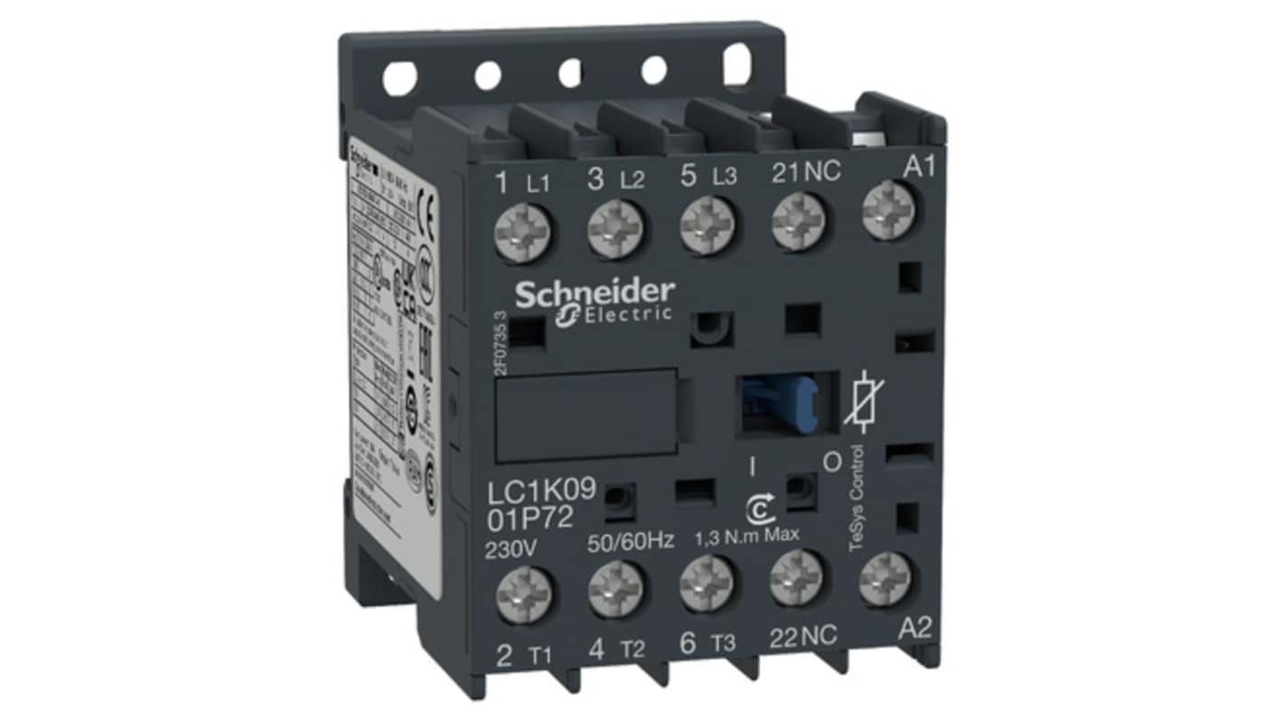 Contattore Schneider Electric LC1K0901P72, 3 poli, 20 A, 4 kW, 230 V c.a., montaggio su guida, grado di protezione IP2x.