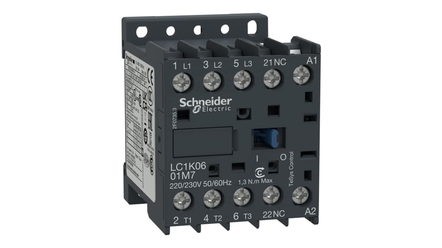 Contattore Schneider Electric LC1K1201V7, 3 poli 3NO, 20 A, bobina 400 V c.a., dimensioni 58x45x57 mm.