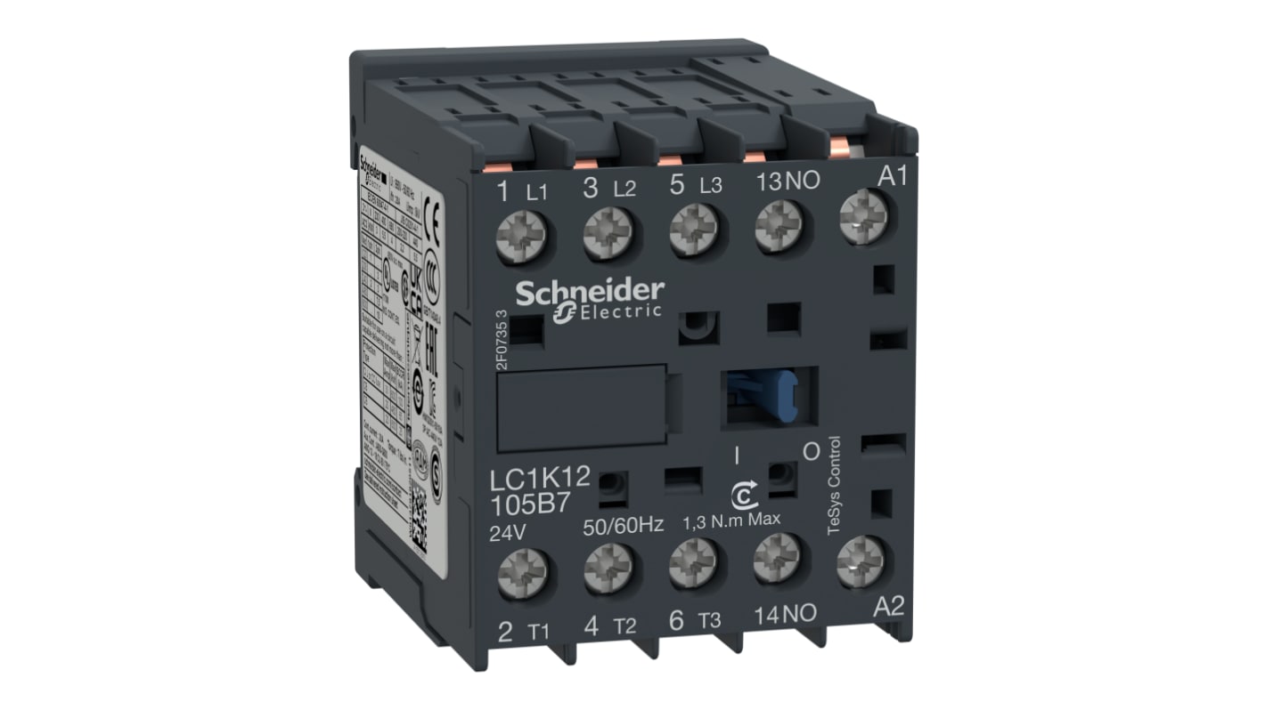 Contattore Schneider Electric LC1K12105P7, 3 poli, 3 contatti NO, 20 A, 5,5 kW, 230 V c.a., dimensioni 45x58x57 mm.