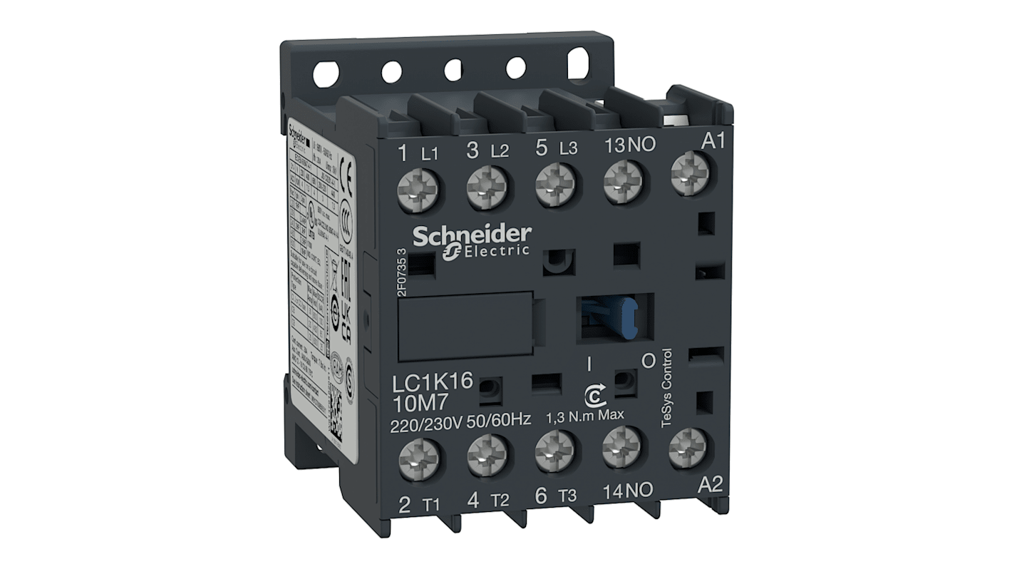 Contattore Schneider Electric LC1K1610V7, 3 poli, 16 A, 7,5 kW, 400 V c.a., configurazione 3 NO, profondità 57 mm.