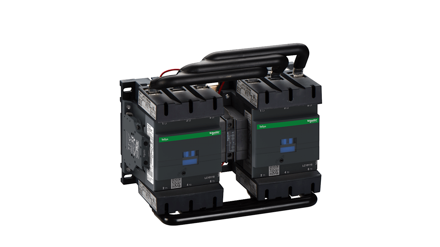 Contattore reversibile Schneider Electric LC2D115P7, 3 poli, 115 A, 80 kW, tensione 230 V c.a., dimensioni 158x266x148 mm.