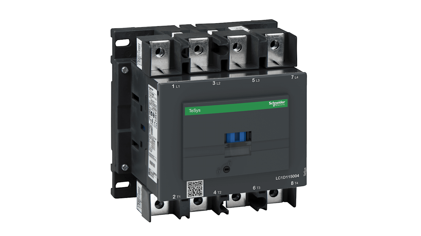Contattore Schneider Electric LC1D1150046U5, 4 poli, 115 A, 240 V c.a., dimensioni 155x158x115 mm, progettato per avviamento motori.