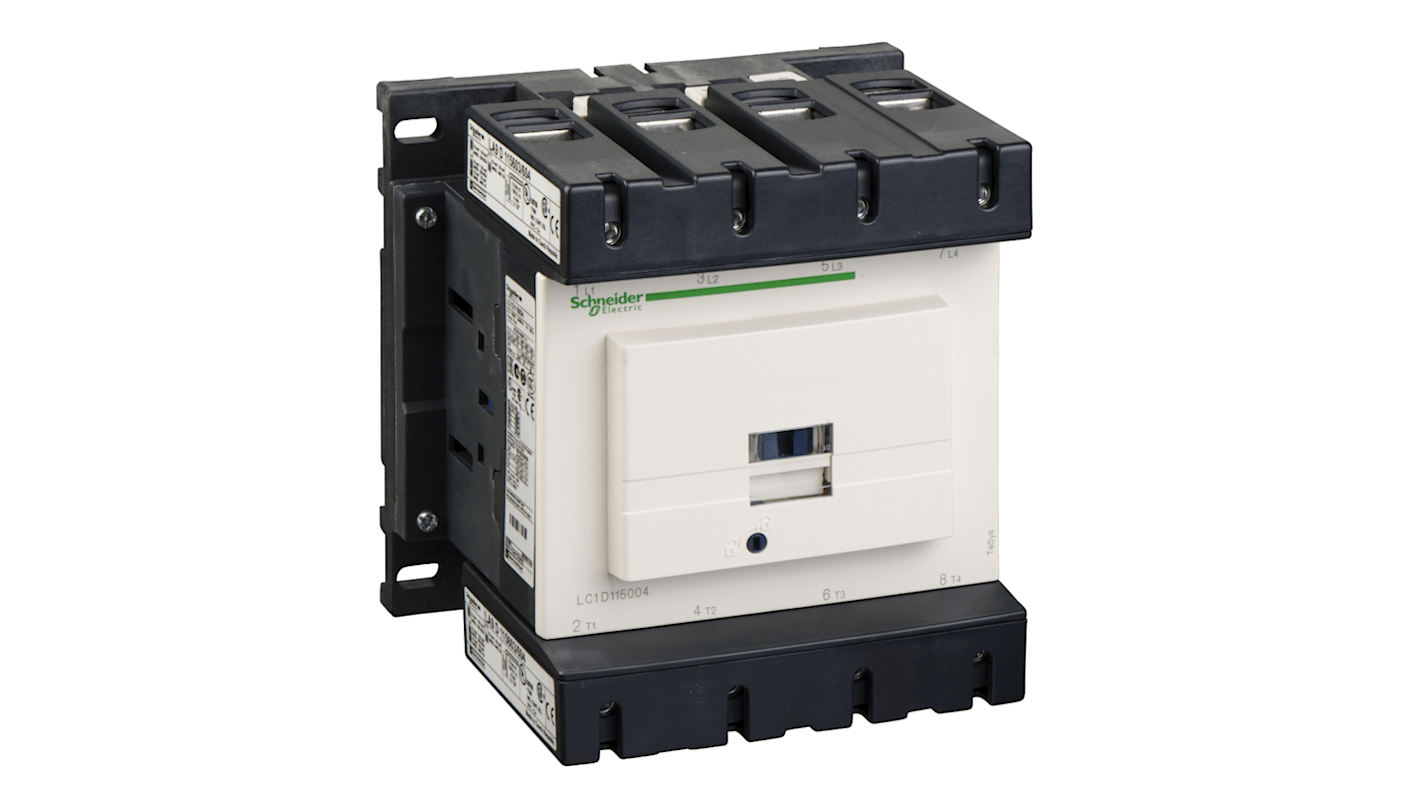 Contattore Schneider Electric LC1D115004U7, 4 poli, 115 A, 240 V c.a., dimensioni 158x150x132 mm, progettato per sistemi di controllo.