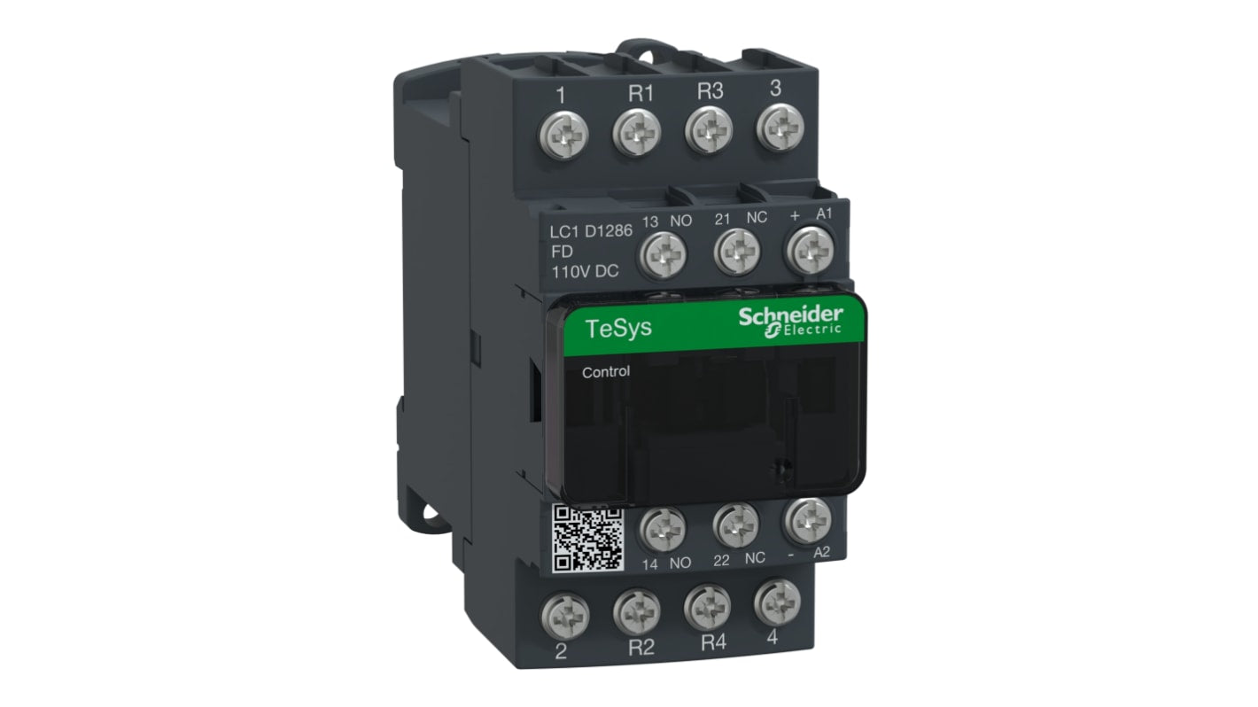 Contattore Schneider Electric LC1D1286FD, 4 poli, 25 A, montaggio a pannello, dimensioni 45x85x99 mm, IP20.