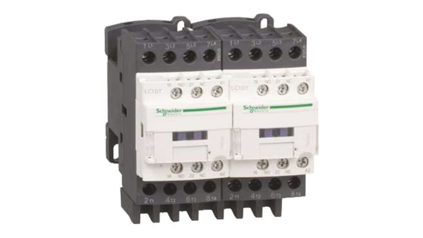 Contattore reversibile Schneider Electric LC2DT32U7, 4 poli, 32 A, 230 V c.a., dimensioni 90x91x98 mm, per carico resistivo.