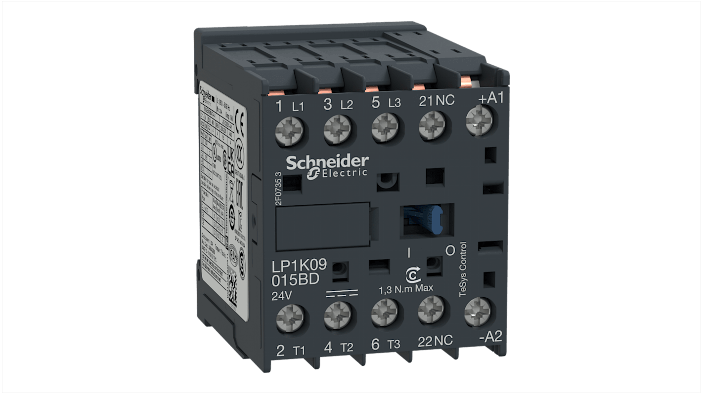 Contattore Schneider Electric LP1K09015UD, 3 poli 3NO, 20 A, 4 kW, 230 V c.c., dimensioni 58x45x57 mm.