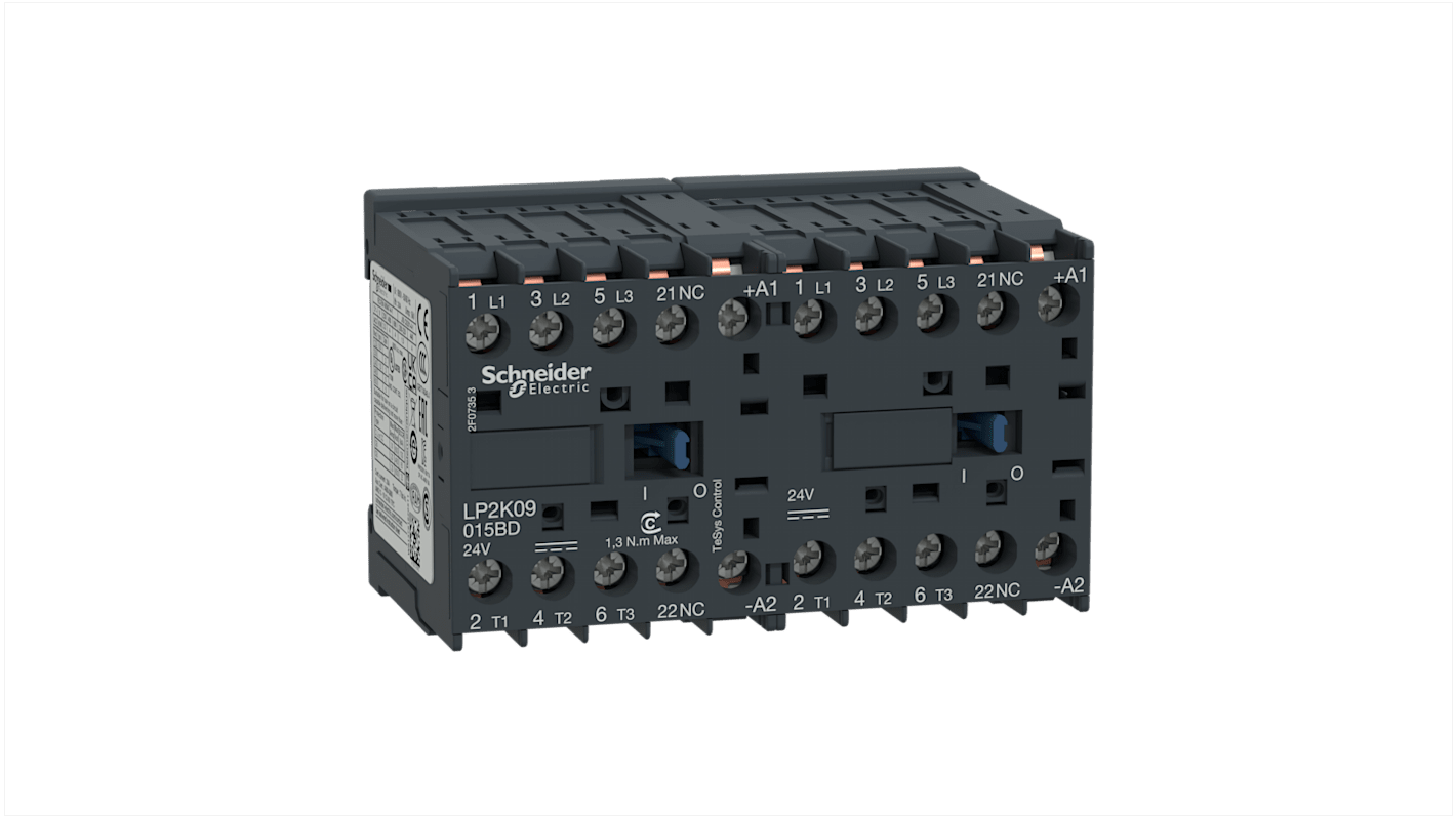 Contattore reversibile Schneider Electric LP2K09015BD, 3 poli, 20 A, 24 V c.c., dimensioni 90x58x57 mm, montaggio a saldare.