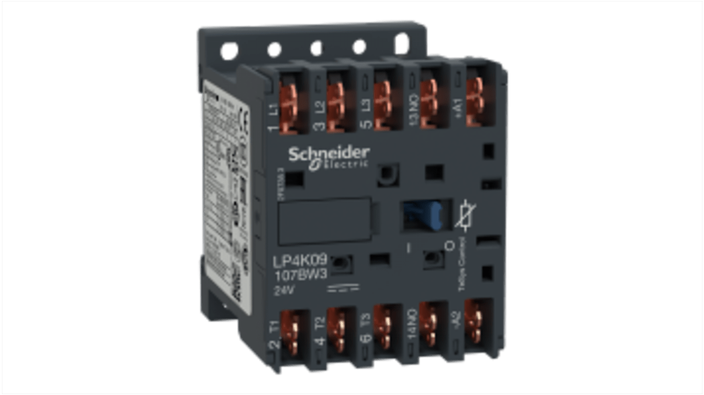 Contattore Schneider Electric LP4K09107BW3, 3 poli, 3 contatti NO, 20 A, 24 V c.c., dimensioni 45x58x57 mm.