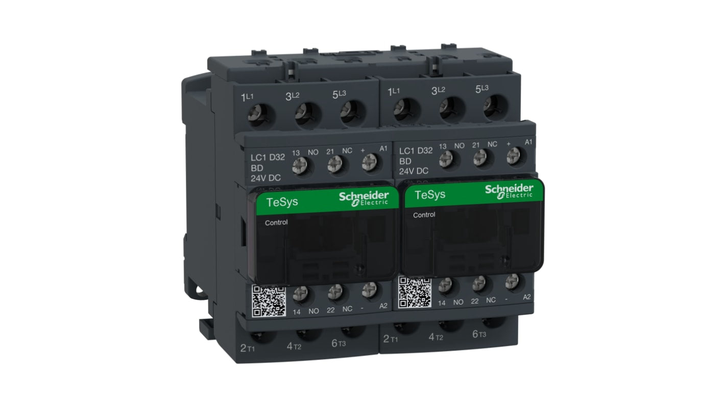 Contattore reversibile Schneider Electric LC2D32BD, 32 A, 3 poli, 24 V c.c., dimensioni 85x90x101 mm.