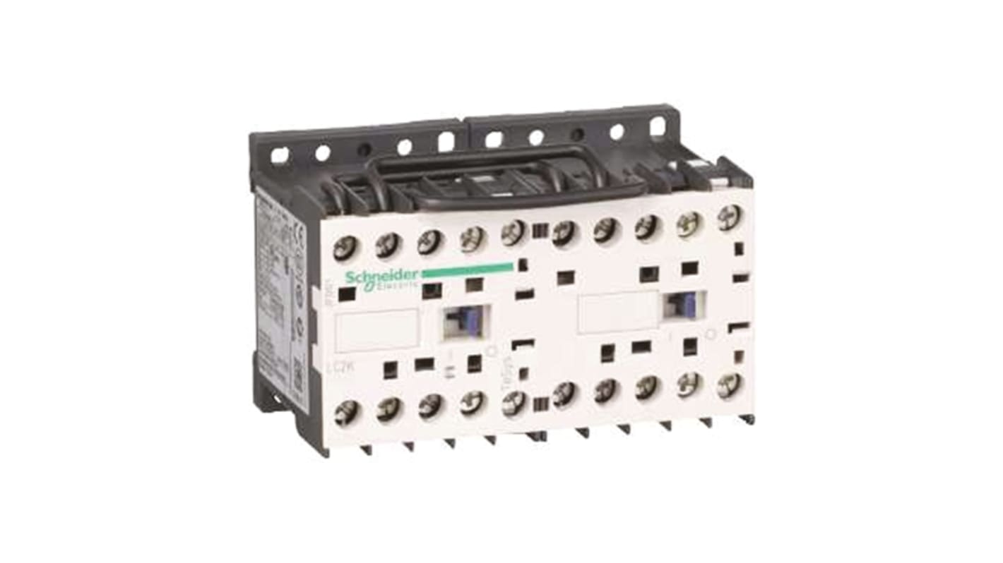 Contattore reversibile Schneider Electric LC2K0601G7, 3 poli, 6 A, 110 V c.a., dimensioni 58x90x57 mm.