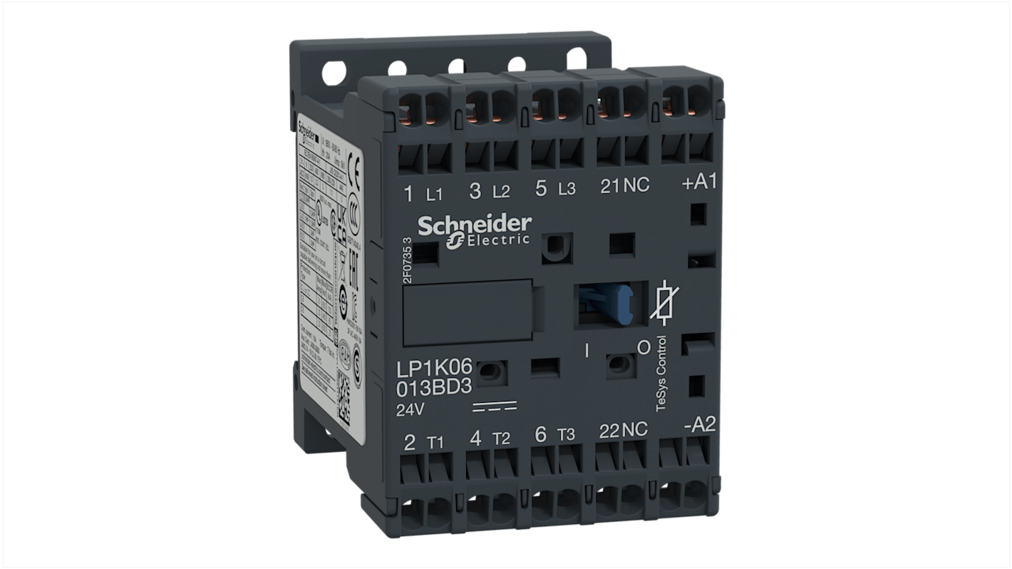 Contattore Schneider Electric LP1K06013MD3, 3 poli 3NO, 6 A, 3 kW, tensione bobina 230 V c.c., profondità 57 mm.