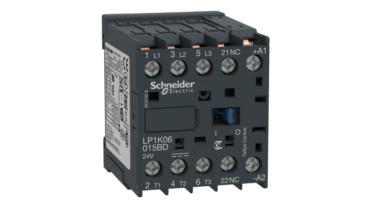 Contattore Schneider Electric LP1K06015BD, 3 poli 3NO, 6 A, bobina 24 V c.c., per applicazioni HVAC e ascensori.