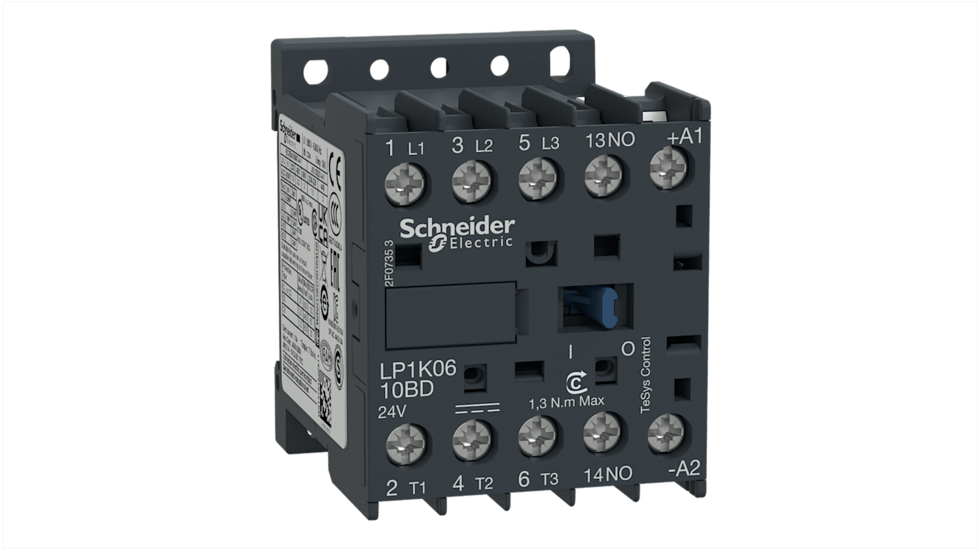 Contattore Schneider Electric LP1K0610MD, 3 poli, 6 A, 3 kW, 230 V c.c., dimensioni 45x58x57 mm, per motori.
