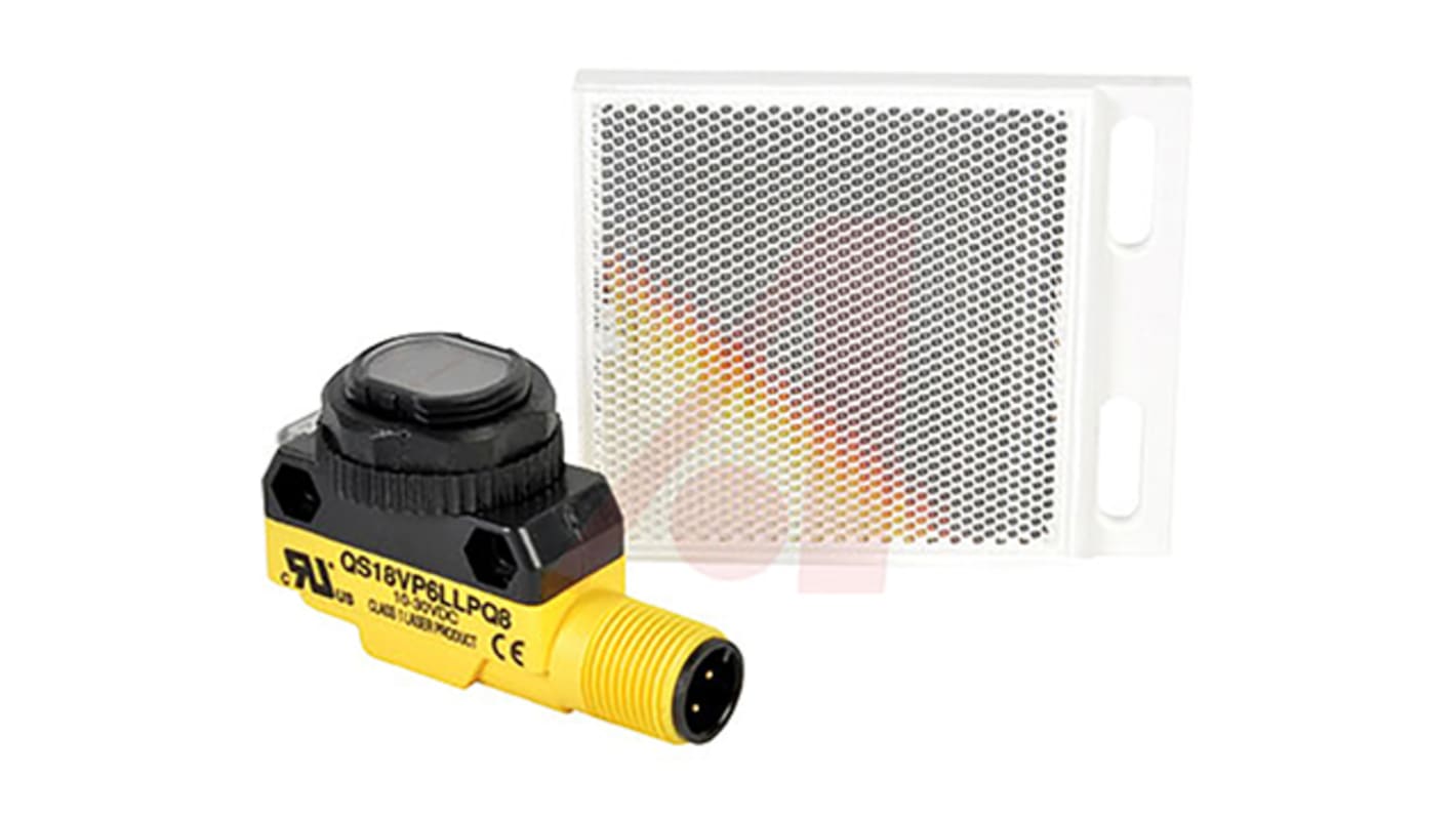 Sensore fotoelettrico cilindrico Banner QS18VP6LLPQ5 a retroriflessione, rilevamento 100 mm-10 m, uscita PNP, IP67.