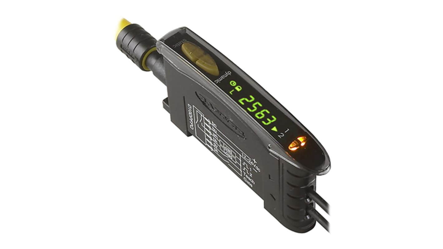 Banner D10UPFP, sensore PNP per fibre ottiche, alimentazione 15-24 V c.c., montaggio su guida DIN, dimensioni 68,1 x 10,5 x 35,9 mm.