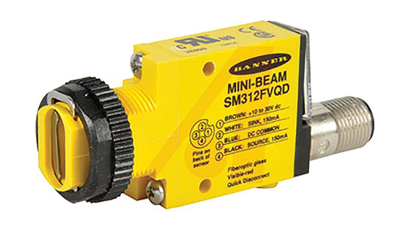 Sensore fotoelettrico Banner SM312FV, NPN-PNP, fibra in vetro, IP67, 57,5 x 30,7 x 12,2 mm, montaggio frontale o a vite.