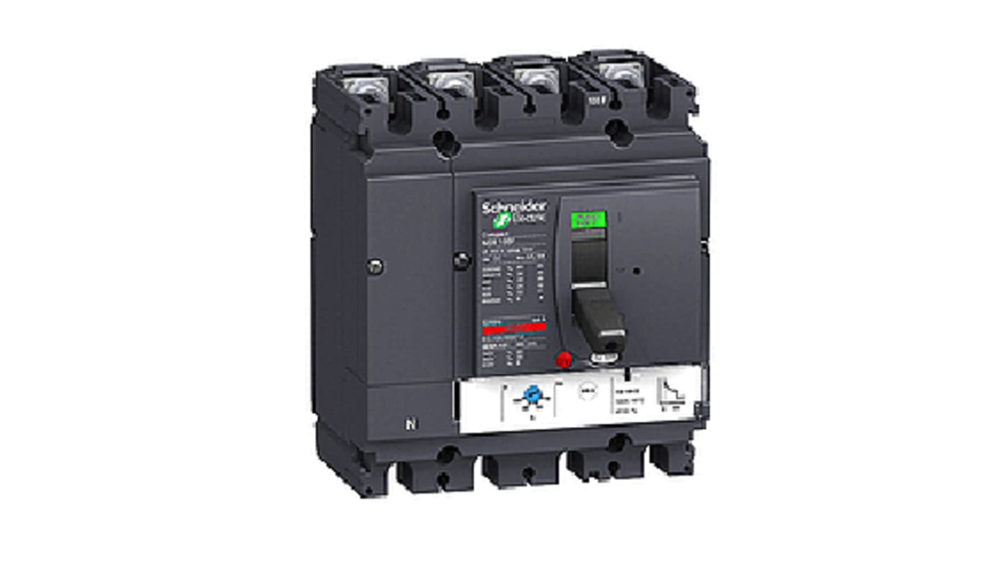 Interruttore magnetotermico scatolato Schneider Electric, 4 poli, 100A, 690V, montaggio fisso, dimensioni 161mm x 140mm x 86mm.