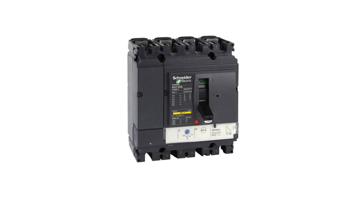 Interruttore magnetotermico scatolato Schneider Electric, 4 poli, 100A, 690V, montaggio fisso, dimensioni 161x140x86mm.