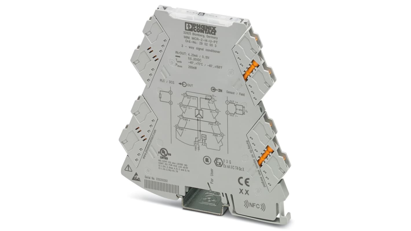 Condizionatore di segnale Phoenix Contact 2902003, ingresso 4-20mA, uscita 0-11V, montaggio su guida DIN, -40 a +70 °C.