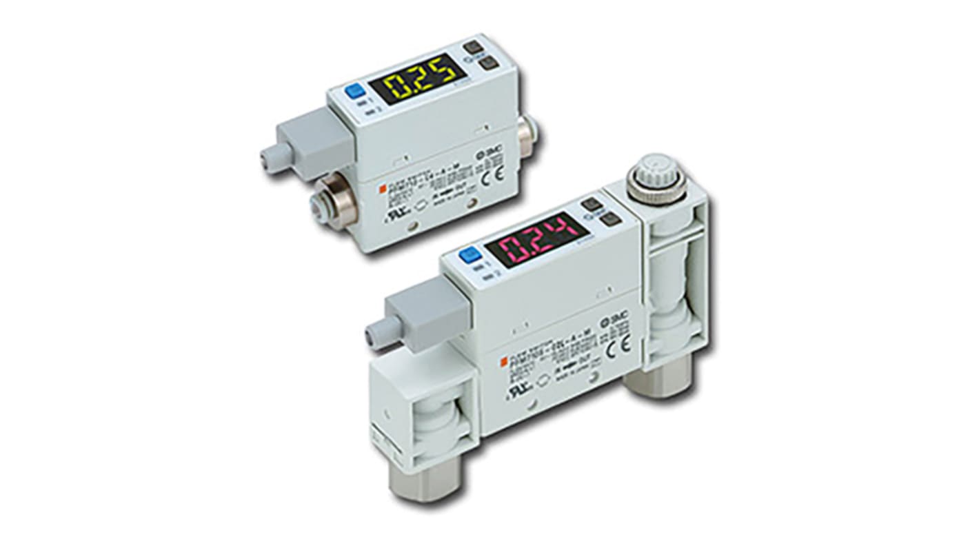 Interruttore di flusso SMC PFM711-N02L-A-A per aria secca e gas, portata 2-100 l/min, alimentazione 24 V c.c., design compatto.