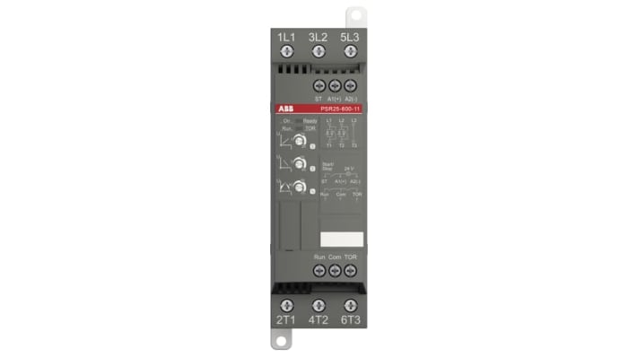 Avviatore soft-start ABB 1SFA896108R1100, 3 fasi, 11 kW, montaggio su guida DIN, dimensioni 160 x 128 x 45 mm.