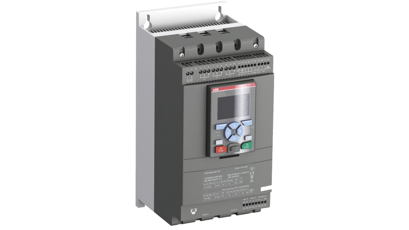 ABB 1SFA898108R7000, avviatore soft-start trifase 55 kW, tensione 208-600 V, con display multilingue e protezione IP20.