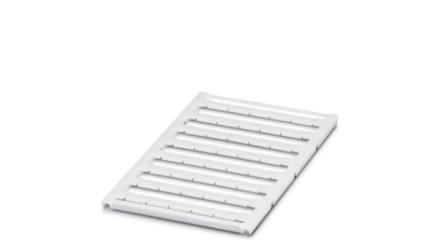Etichetta di marcatura Phoenix Contact 819233 per terminal-block 12 mm. 40 marcatori bianchi personalizzabili per BLUEMARK e PLOTMARK. Dimensione incisione: 11,45 x 5,1 mm. Scatto nella scanalatura piatta.
