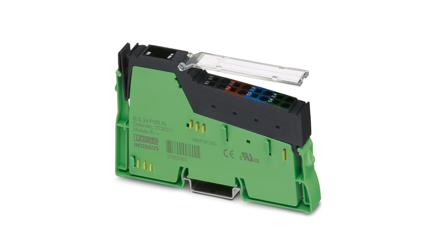 Modulo I/O PLC Phoenix Contact 2863834, 24 V c.c., dimensioni 119,8 x 12,2 x 71,5 mm, con fusibile e diagnostica integrata.