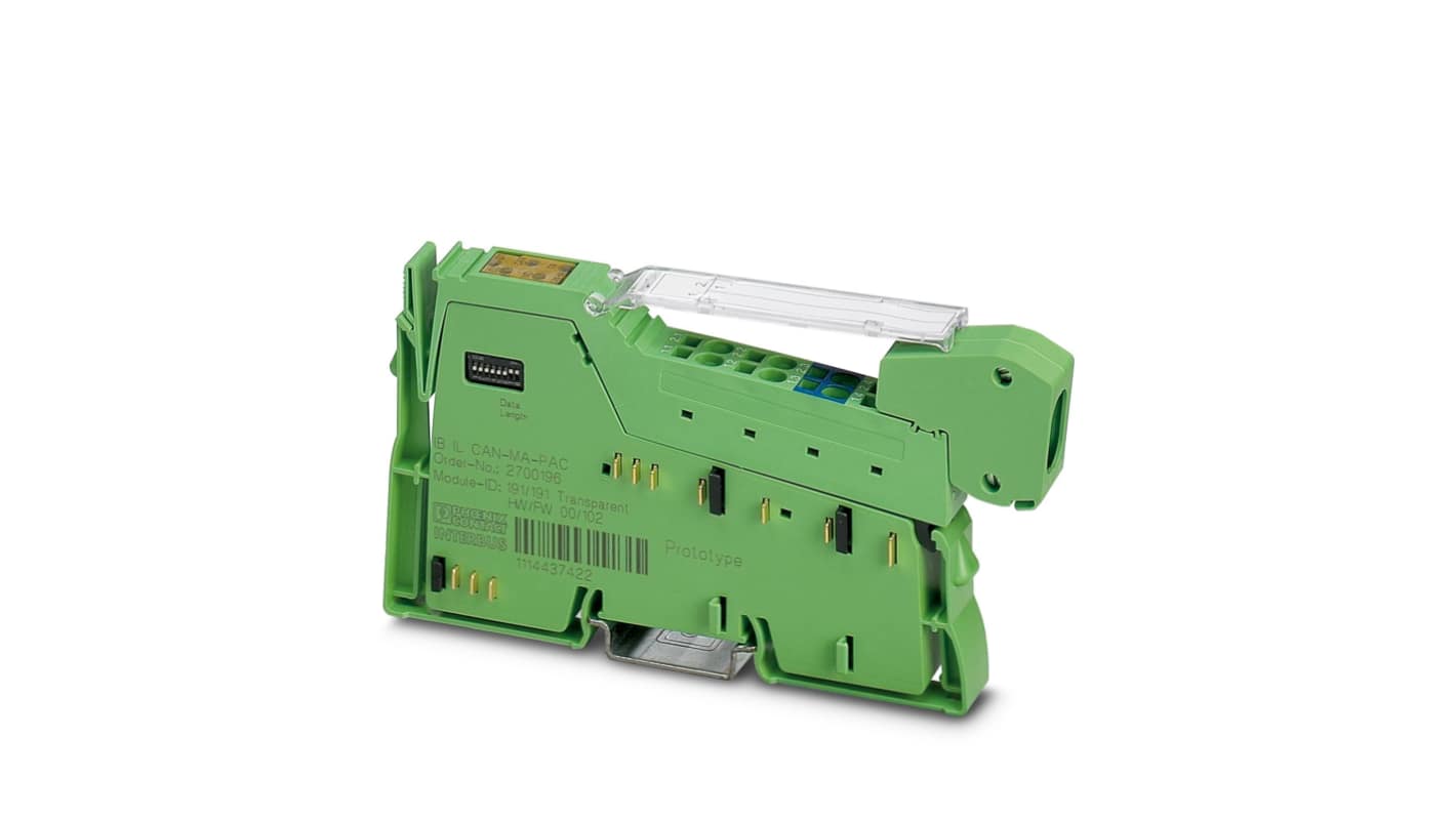 Modulo I/O Phoenix Contact 2700196 per sistema CAN bus, dimensioni 136.8 x 12.2 x 71.5 mm, con indicatori di stato e DIP switch.