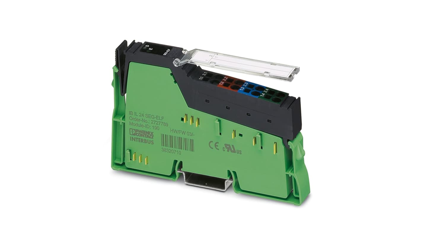 Modulo I/O PLC Phoenix Contact 2861409, serie FX5, 24 V c.c., dimensioni 119.8 x 12.2 x 71.5 mm, con fusibile elettronico e indicatori di stato.