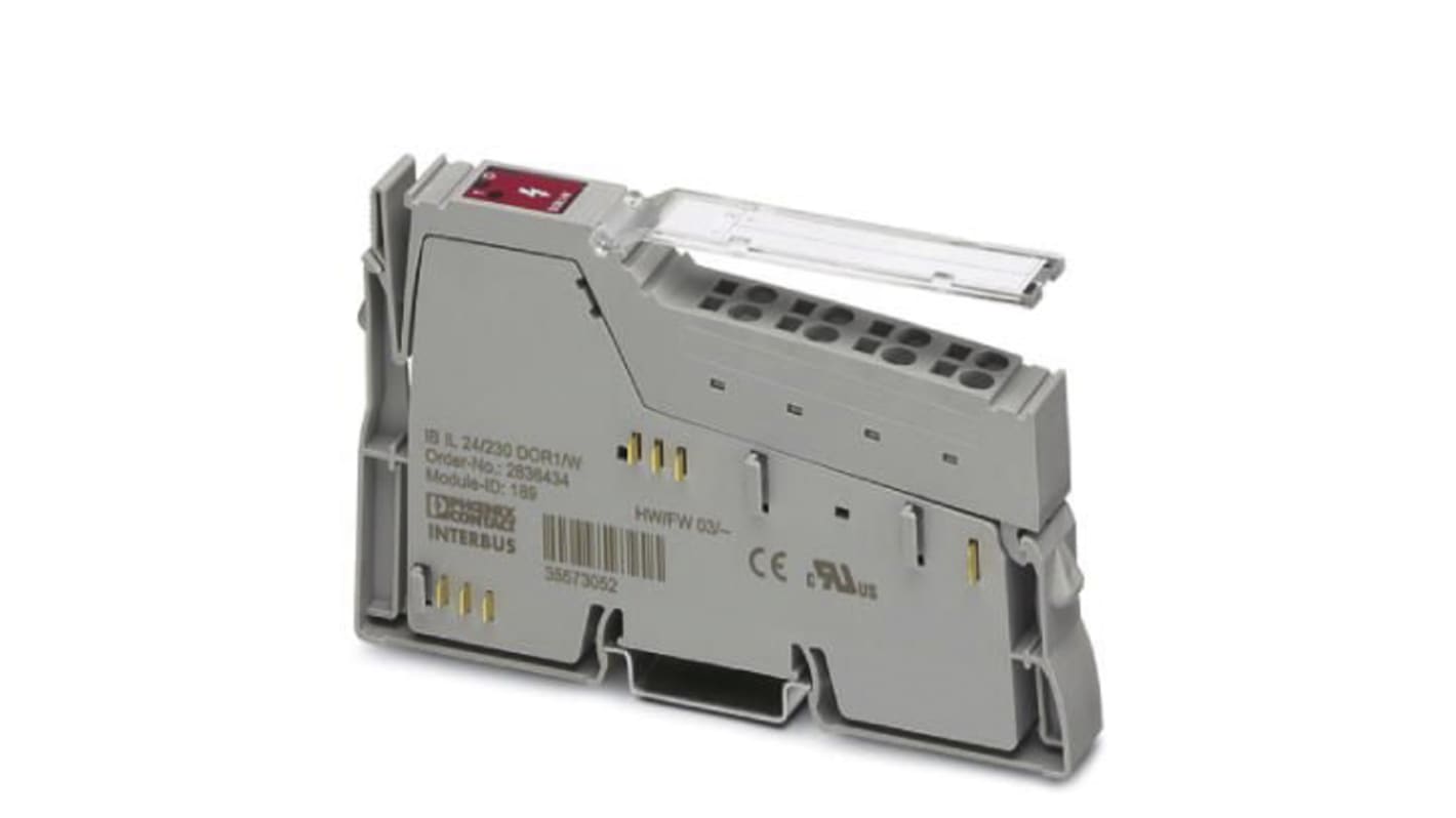 Modulo I/O Phoenix Contact 2862110, serie G4, per guida DIN, con uscita relè 24 V c.c. e 230 V c.a., dimensioni 119,8 x 12,2 x 71,5 mm.