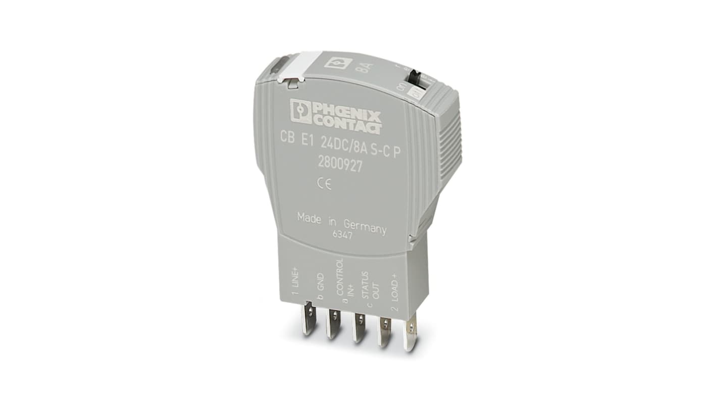 Interruttore elettronico di circuito Phoenix Contact 2800927, 1 posizione, 24V, 8A, montaggio su base, dimensioni 45mm x 12.3mm x 52mm.