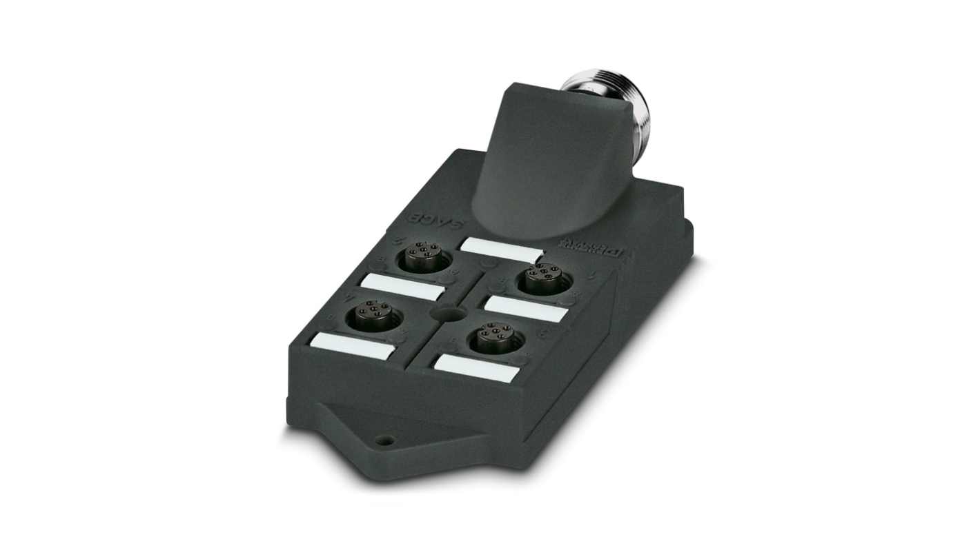 Scatola sensore Phoenix Contact 1692747, 4 porte M12, materiale PBT, orientamento diritto, grado di protezione elevato.