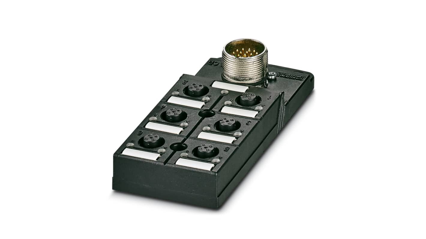 Phoenix Contact 1692828, scatola sensore 6 porte M12, connettore femmina, grado di protezione elevato, ingombro ridotto.