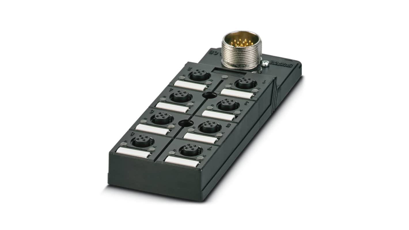 Phoenix Contact 1692831, scatola sensore 8 porte M12, connettore femmina, grado di protezione elevato, collegamento M23 a 90°.