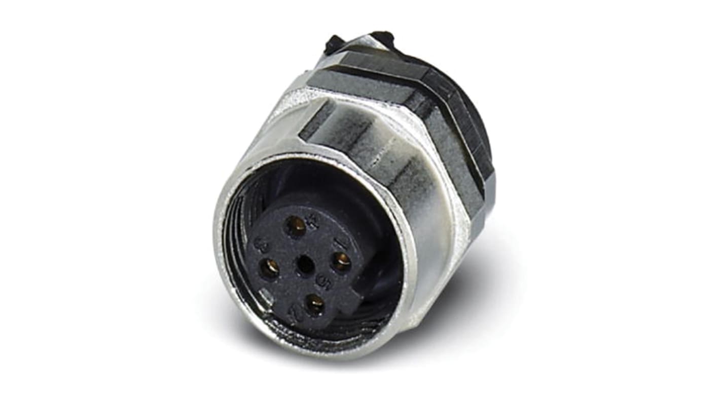 Connettore circolare femmina M12, 4 poli, codifica D, montaggio posteriore, protezione polarità. Ideale per sistemi bus ed Ethernet.