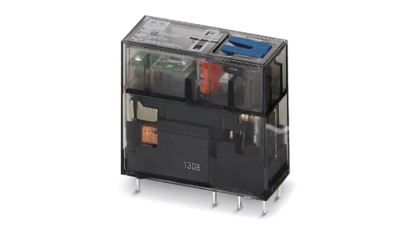 Relè di potenza Phoenix Contact 2987985 miniaturizzato a innesto, 2 PDT, 24V cc, contatto multistrato dorato, LED di stato. Per applicazioni industriali.