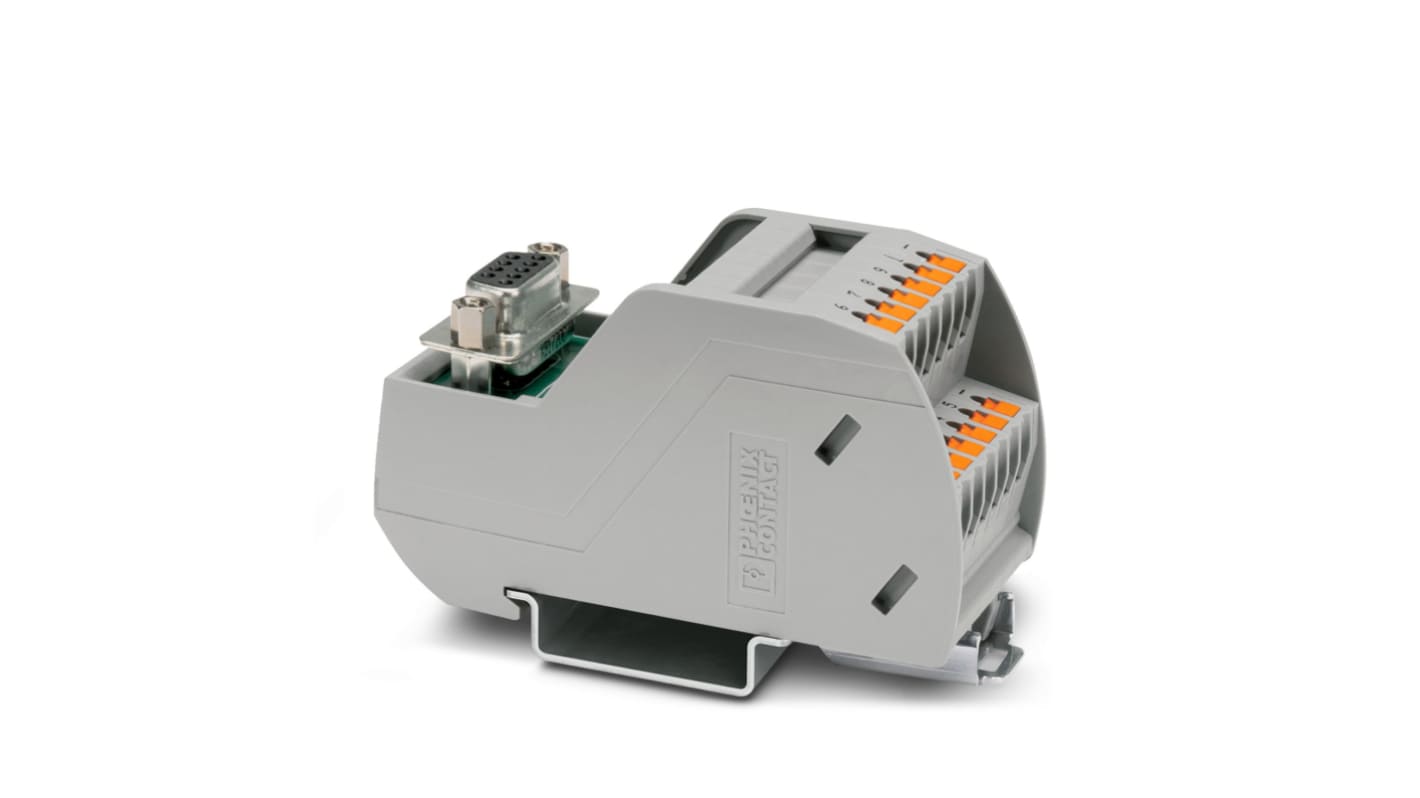 Modulo VARIOFACE Phoenix Contact 2904263 per montaggio su guida DIN, con 9 posizioni D-SUB e LED, dimensioni 36,8 x 46,6 x 72,1 mm.