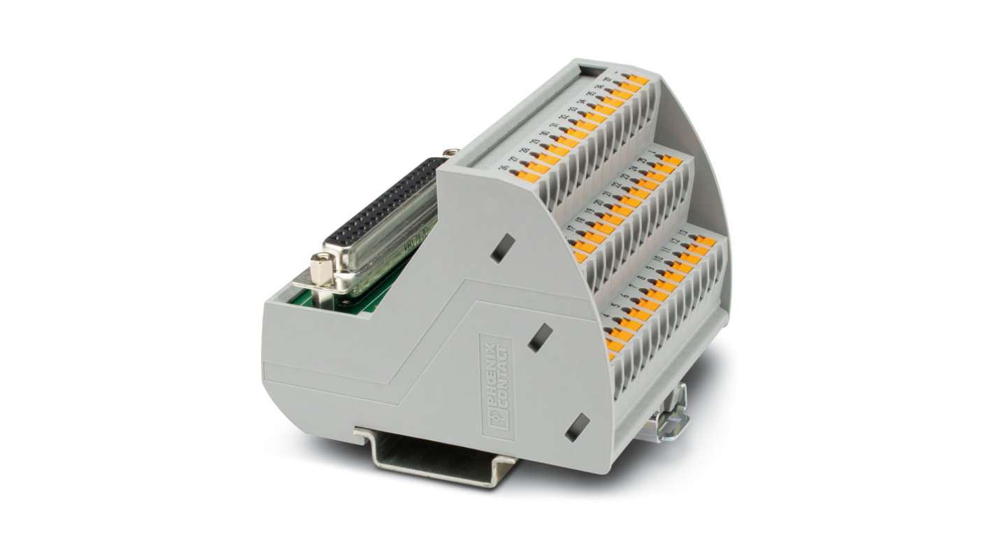 Modulo VARIOFACE Phoenix Contact 2904266 per guida DIN, con 37 posizioni D-SUB e LED, dimensioni 72,3 x 63 x 75,8 mm.