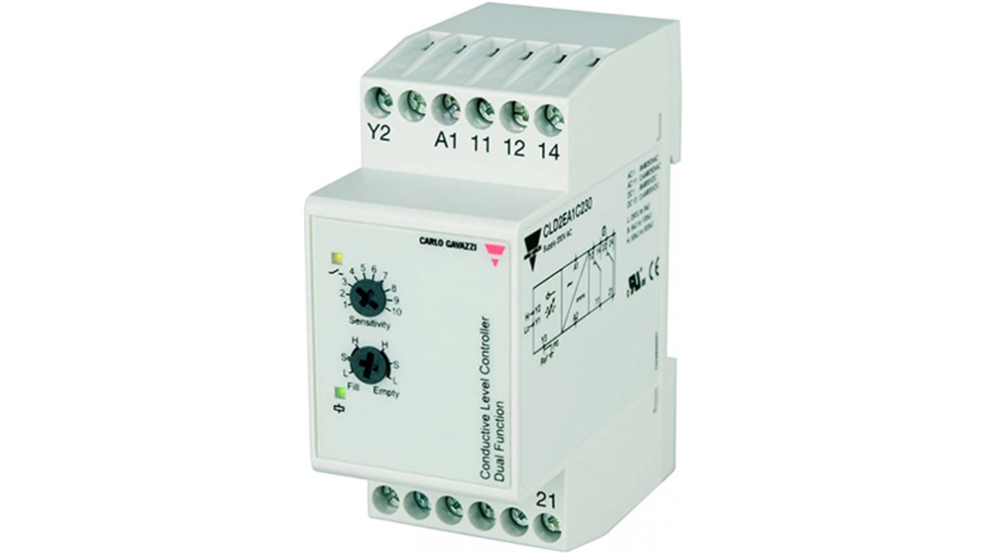 Carlo Gavazzi CLD2EA1CM24, sensore di livello conduttivo per montaggio su guida DIN, uscita relè DPDT, gamma di sensibilità 250 Ohm - 500 KOhm.