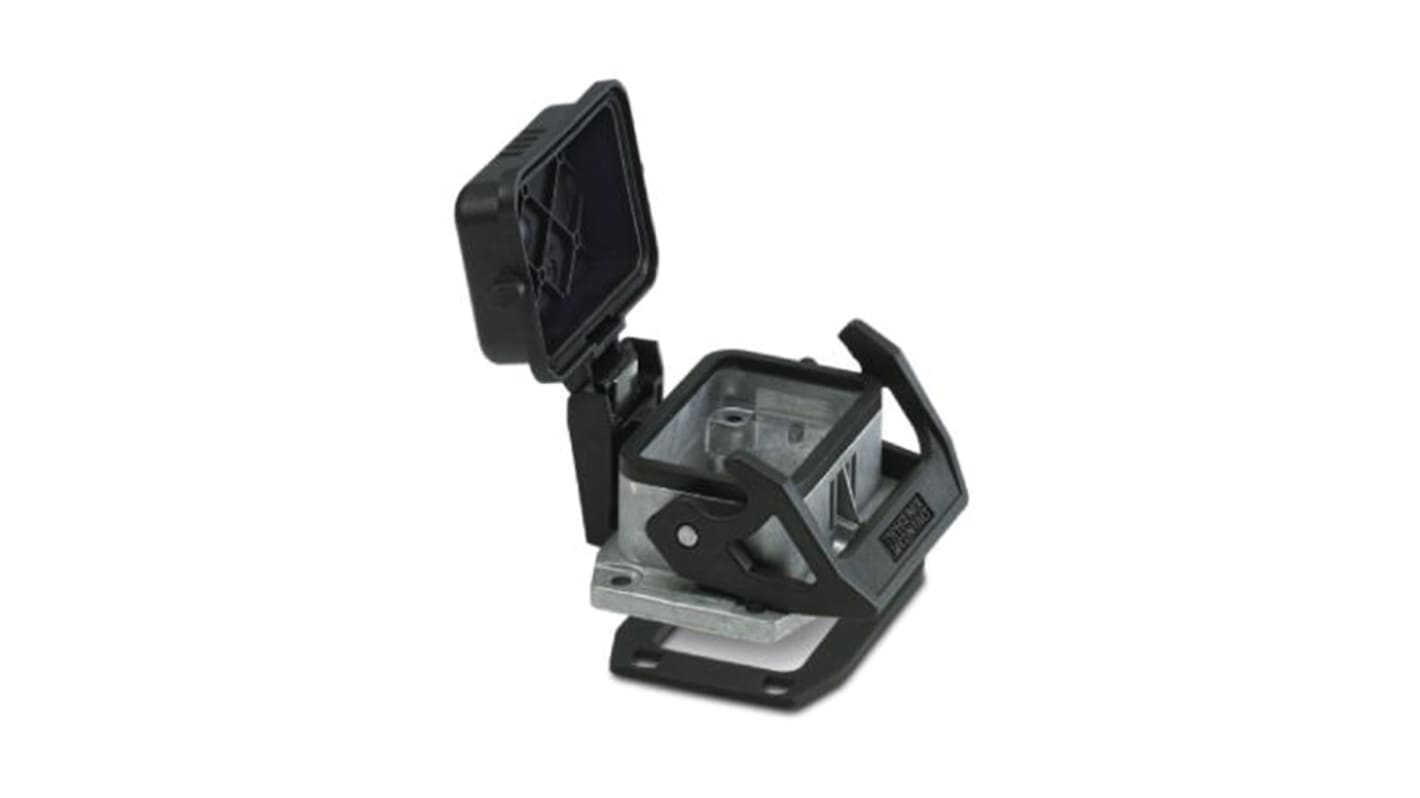 Contenitore Phoenix Contact HEAVYCON B6 (cod. 1411319) per montaggio a pannello, chiusura a scatto singola, alluminio resistente all'acqua salata. Schermatura efficace contro interferenze elettromagnetiche.